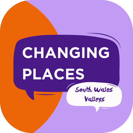 Headphone icon and the cover artwork of the “Changing Places” podcast series - including the episode title “South Wales Valleys” and purple and white speech bubbles on a lilac and orange background.